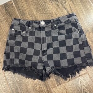 Y2K Rue 21 Black Gray Checkerboard Denim Cutoff Shorts Size 5 Frayed Hem Punk